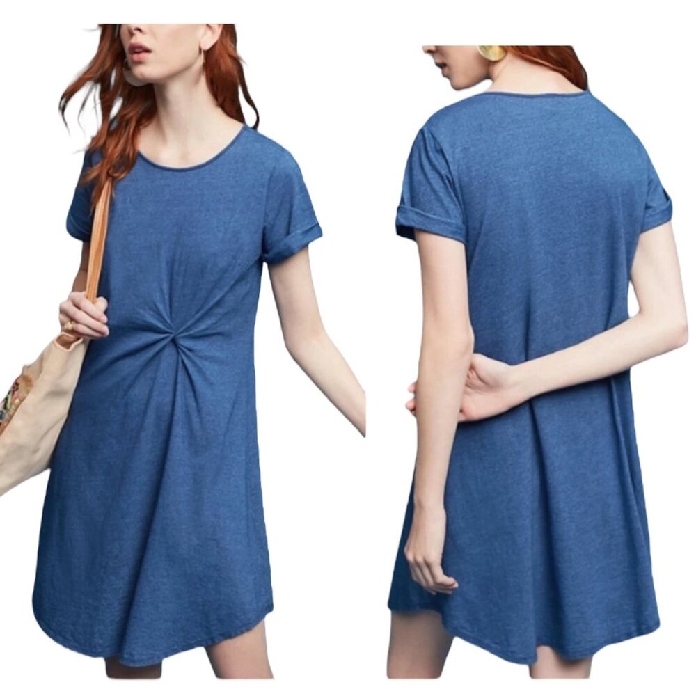 Anthropologie Holding Horses Paula Knot‎ Knit T-Shirt Dress Twist Blue - Large
